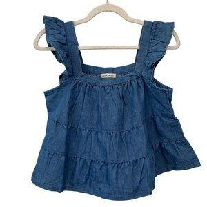 Derek Heart Chambray Ruffled Denim Top Denim Women L Tiered Flutter Tank Sleeve